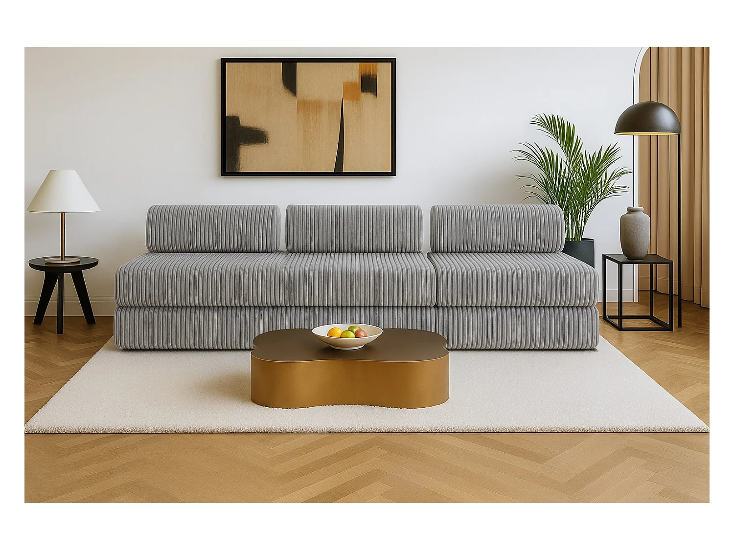 Canapé droit modulable et convertible 4 places - Velours côtelé XL - Gris clair