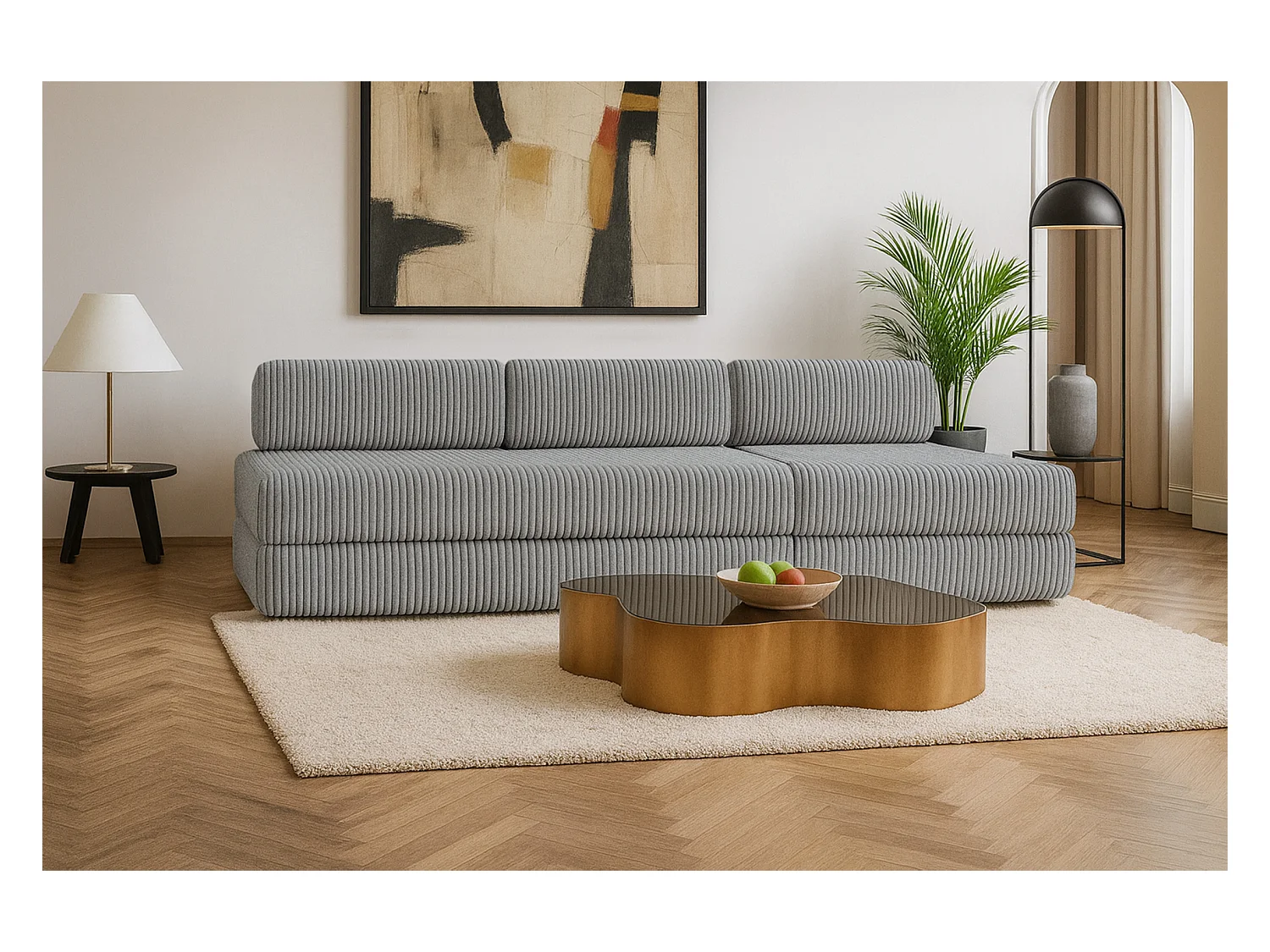 Canapé droit modulable et convertible 4 places - Velours côtelé XL - Gris clair