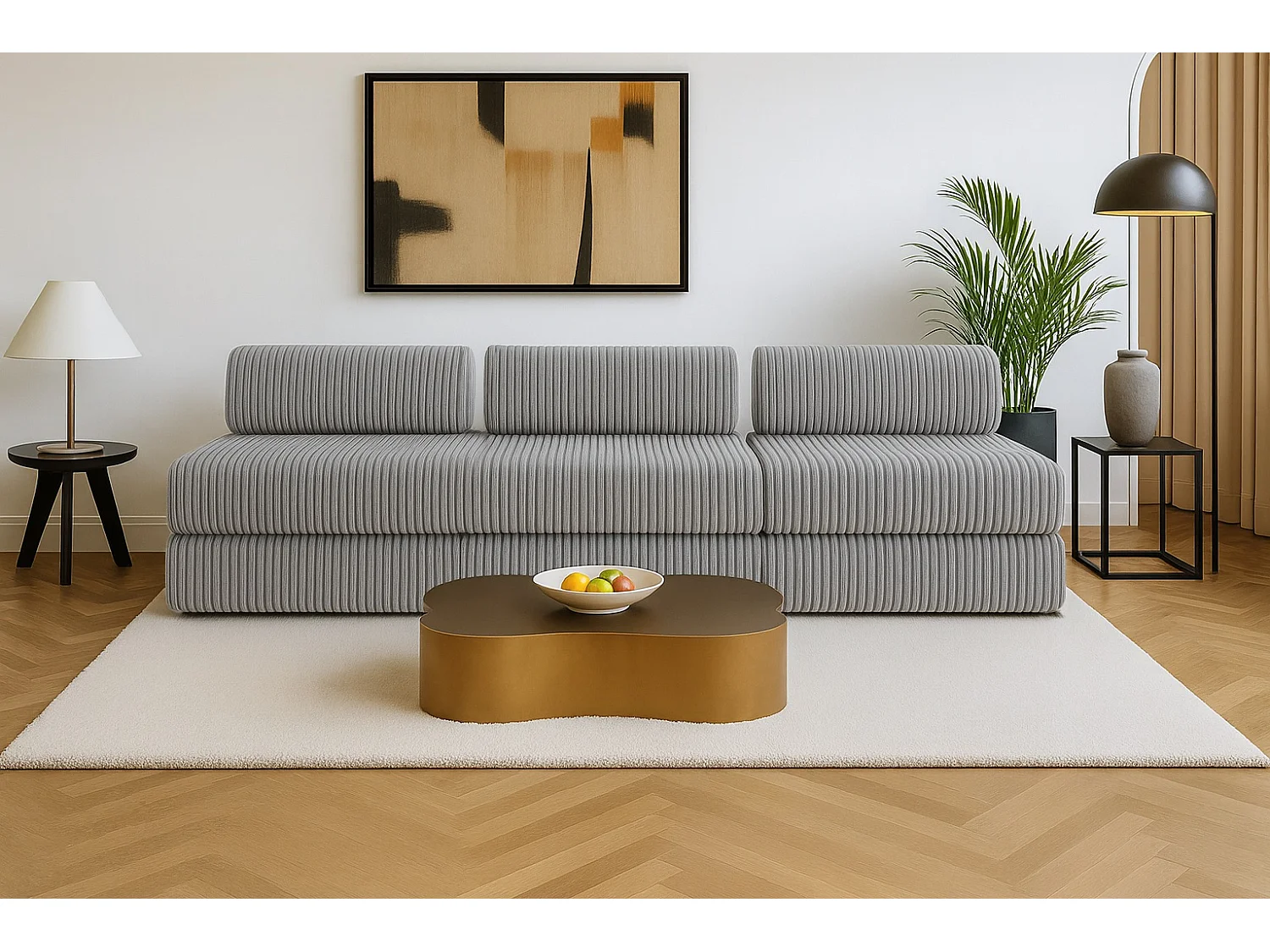 Canapé droit modulable et convertible 4 places - Velours côtelé XL - Gris clair