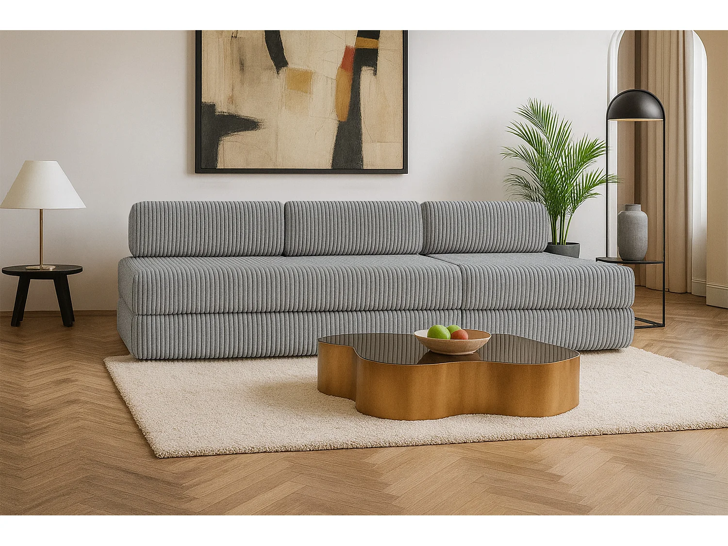 Canapé droit modulable et convertible 4 places - Velours côtelé XL - Gris clair