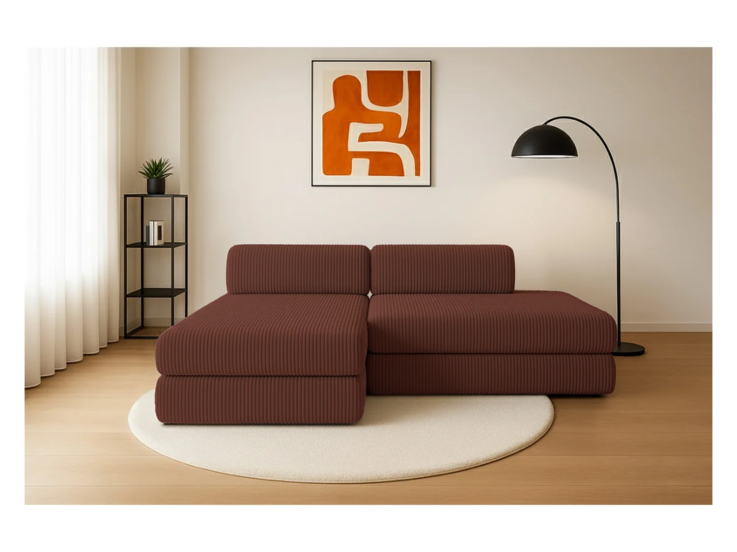 Canapé d'angle modulable et convertible 5 places - Velours côtelé XL - Terracotta