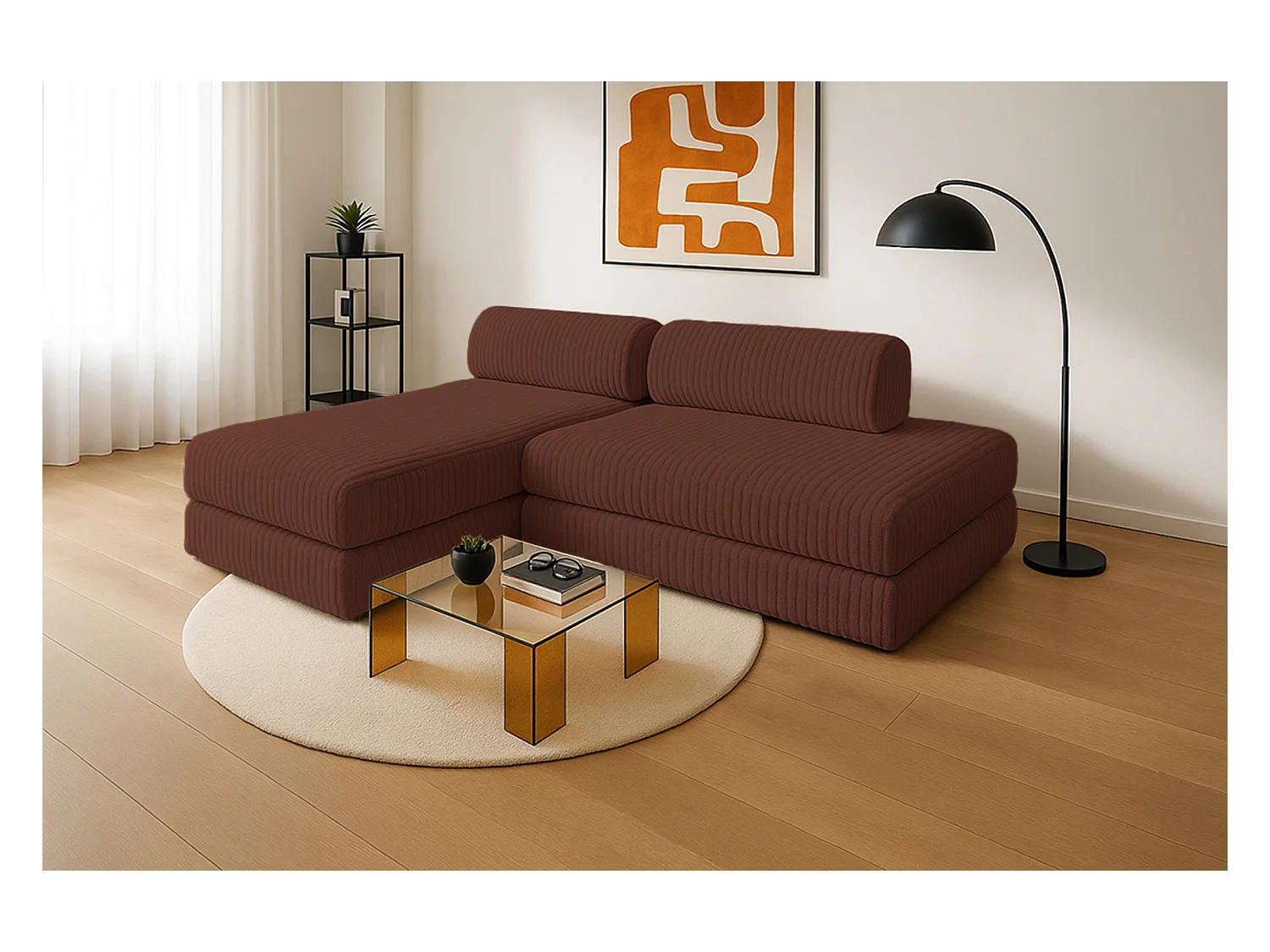 Canapé d'angle modulable et convertible 5 places - Velours côtelé XL - Terracotta