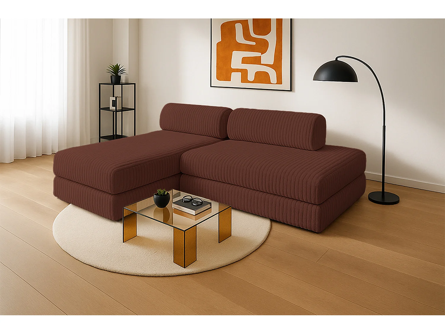 Canapé d'angle modulable et convertible 5 places - Velours côtelé XL - Terracotta