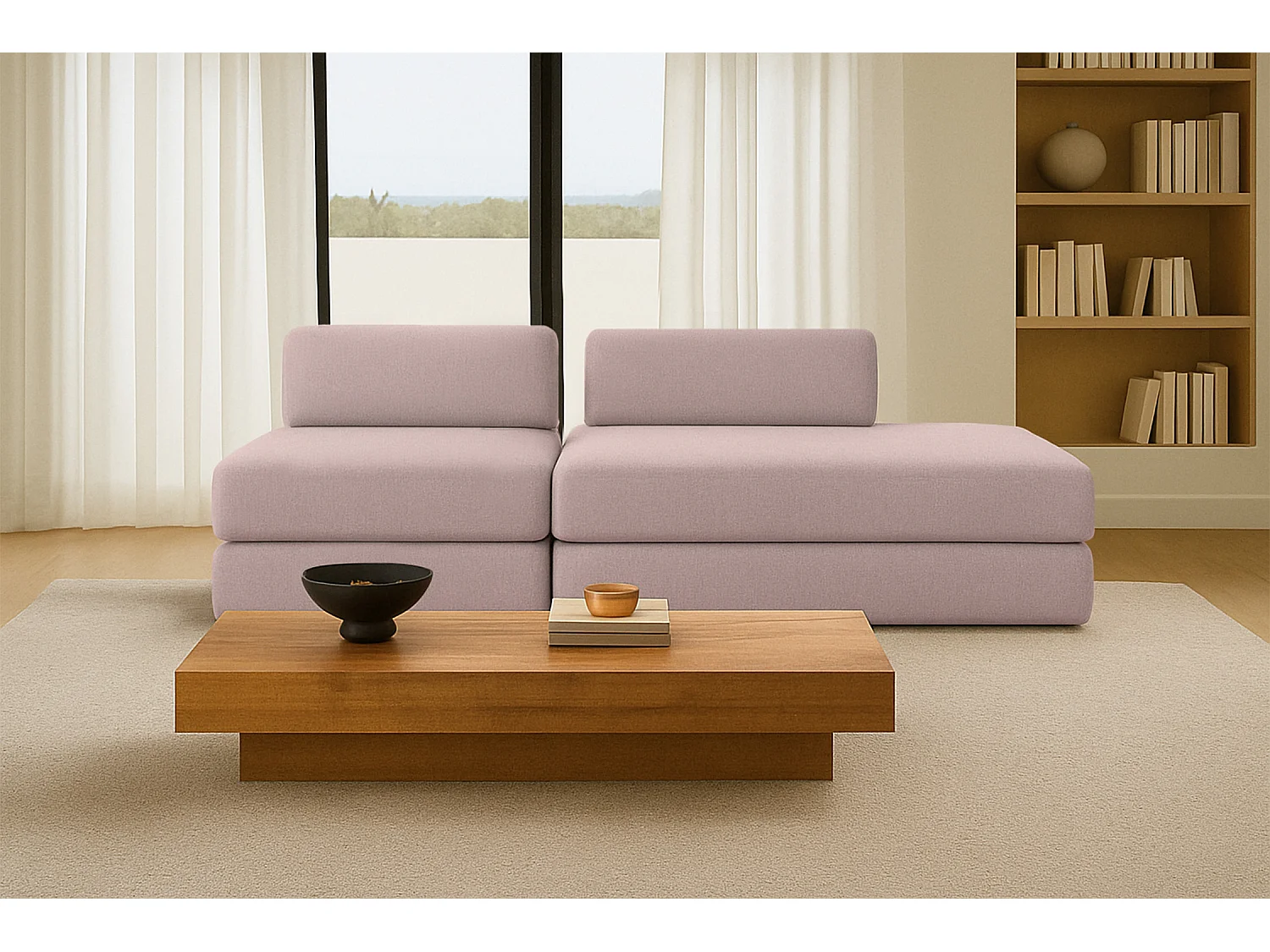 Canapé droit modulable et convertible 3 places - Tissu lisse - Rose