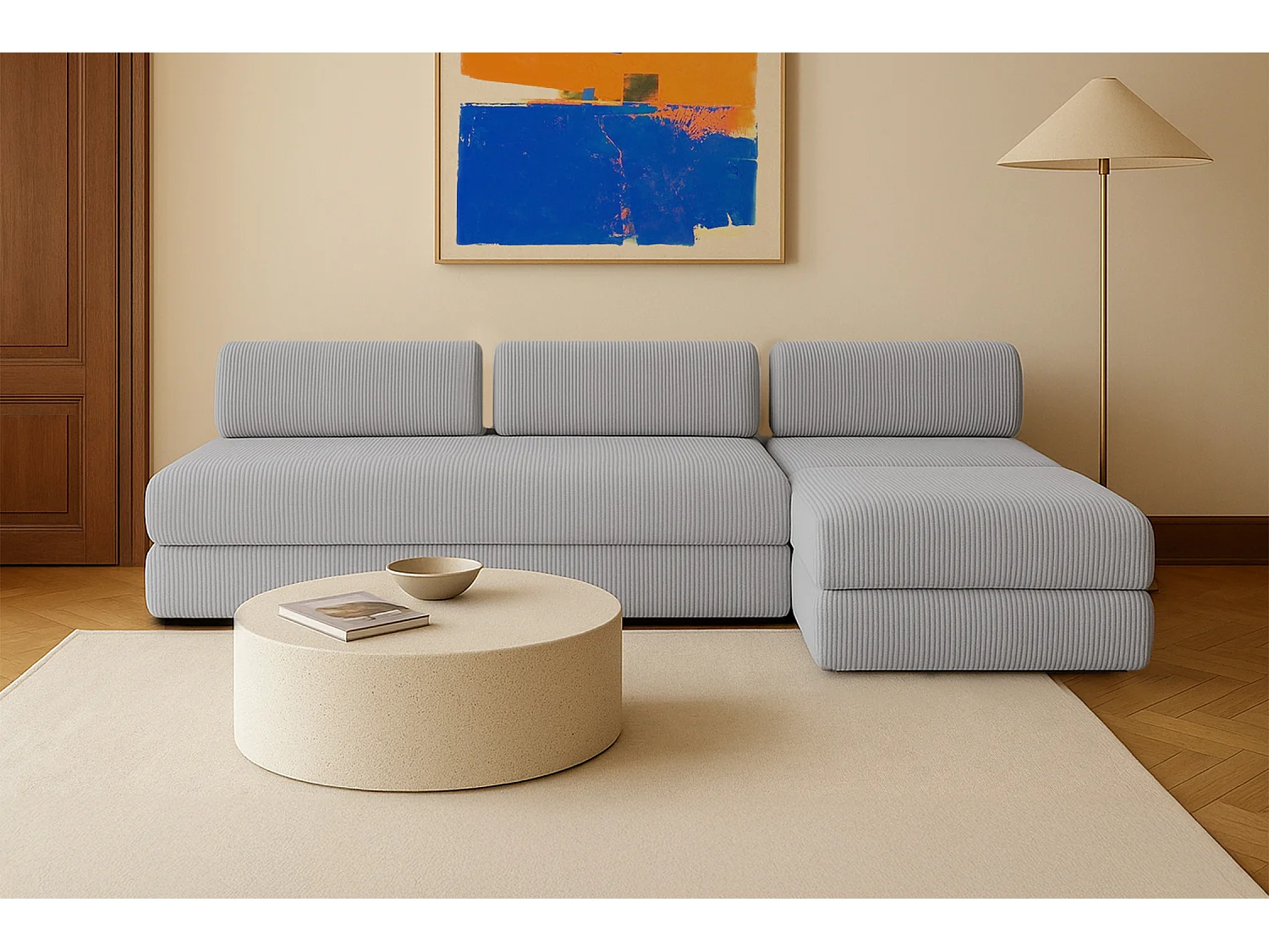 Canapé d'angle modulable et convertible 6 places - Velours côtelé - Gris clair