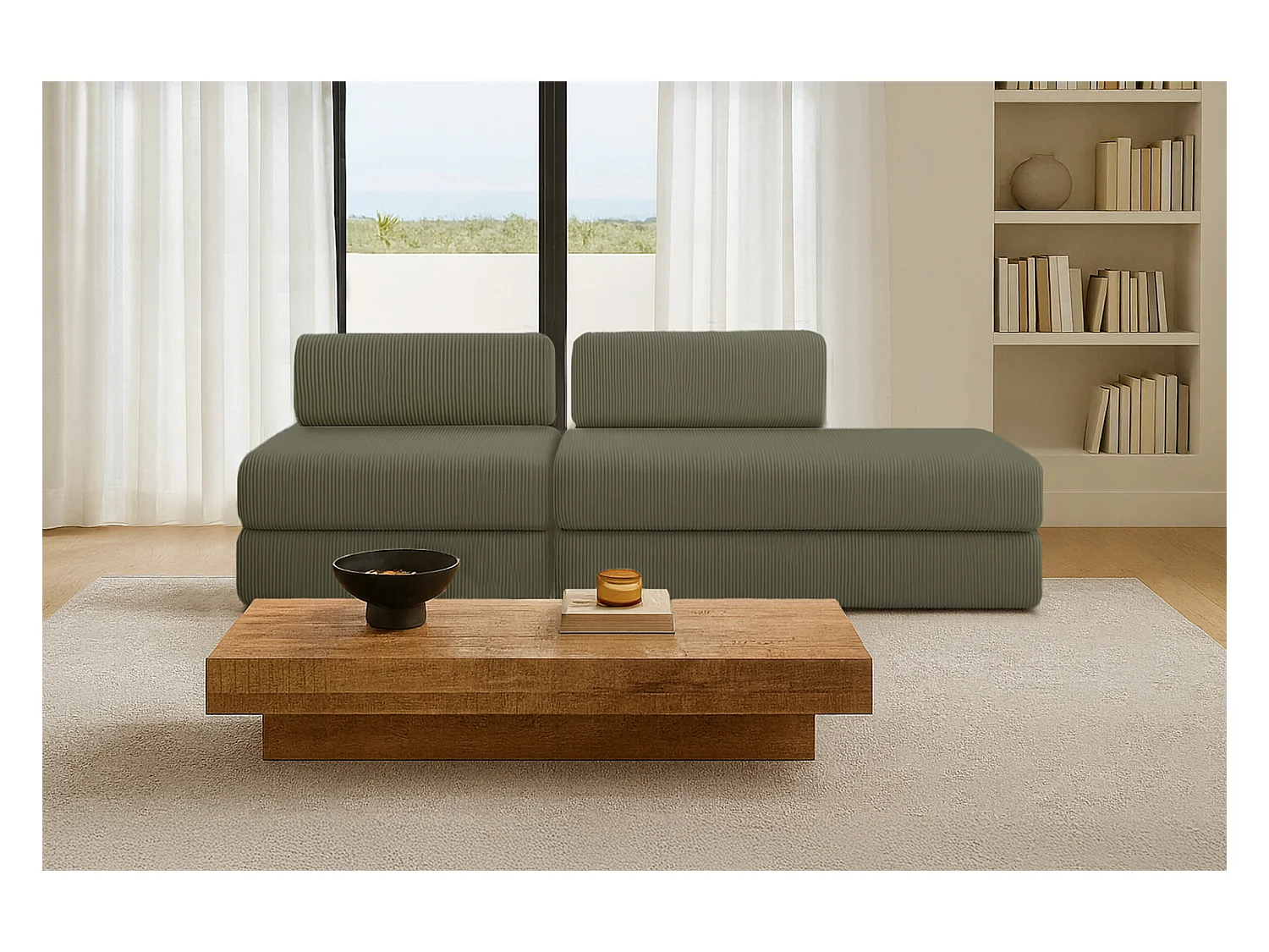 Canapé droit modulable et convertible 3 places - Velours côtelé - Vert