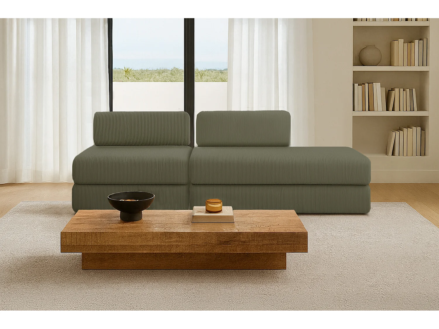 Canapé droit modulable et convertible 3 places - Velours côtelé - Vert