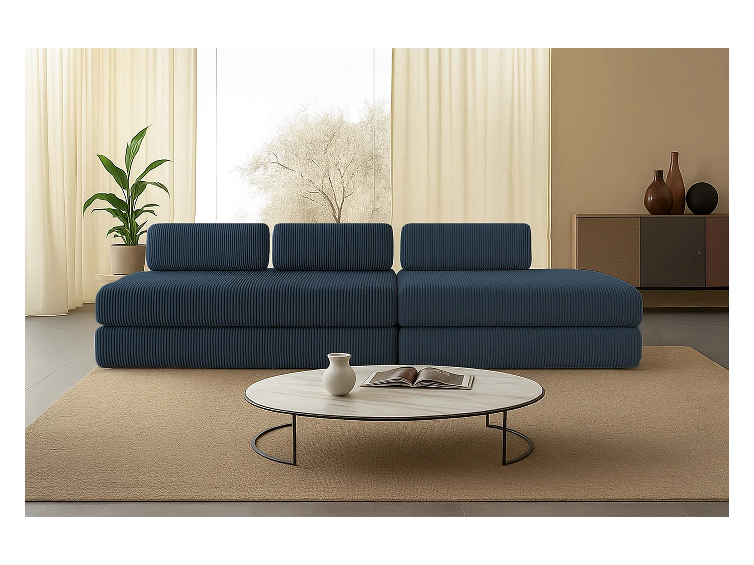 Canapé droit modulable et convertible 5 places - Velours côtelé - Bleu