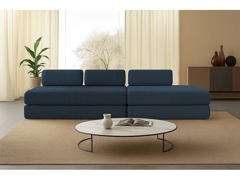 Canapé droit modulable et convertible 5 places - Velours côtelé - Bleu