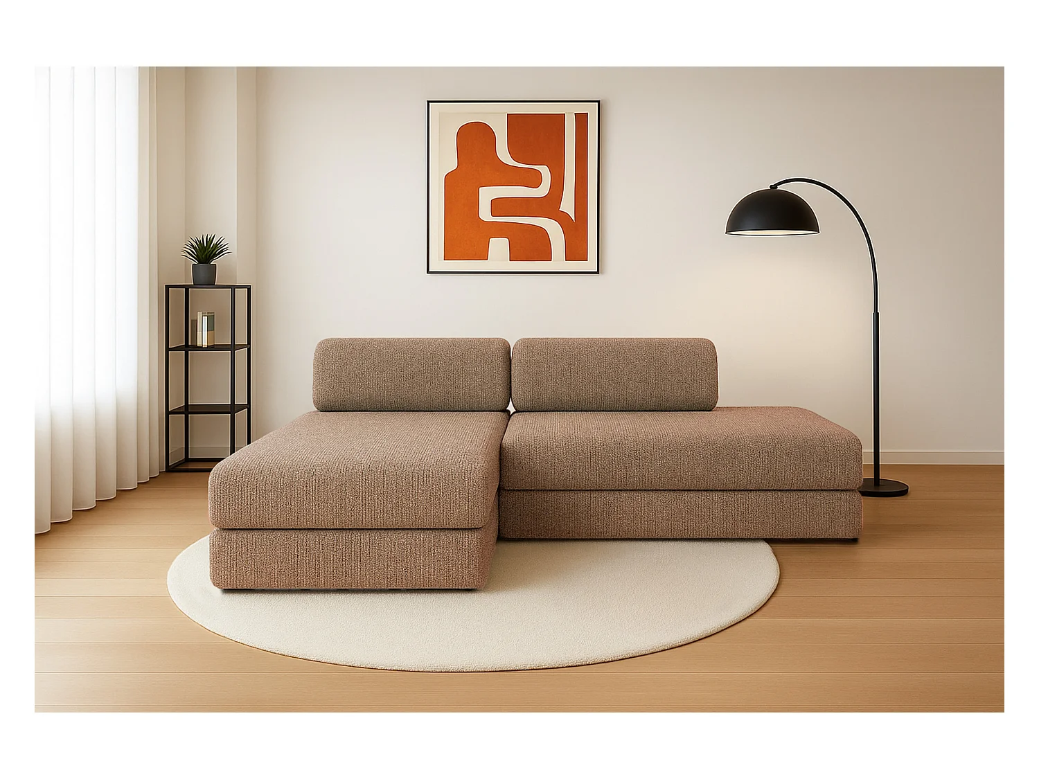 Canapé d'angle modulable et convertible 5 places - Tissu tweed - Marron