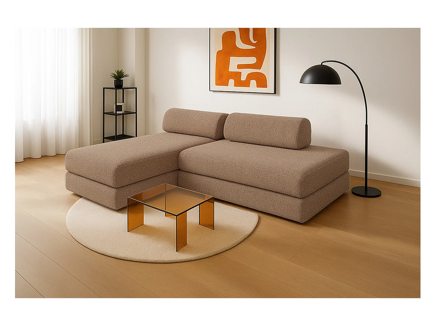 Canapé d'angle modulable et convertible 5 places - Tissu tweed - Marron