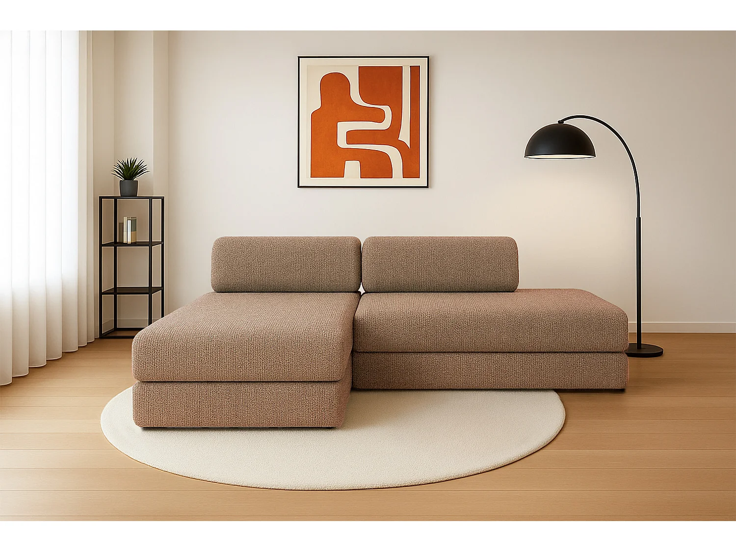 Canapé d'angle modulable et convertible 5 places - Tissu tweed - Marron