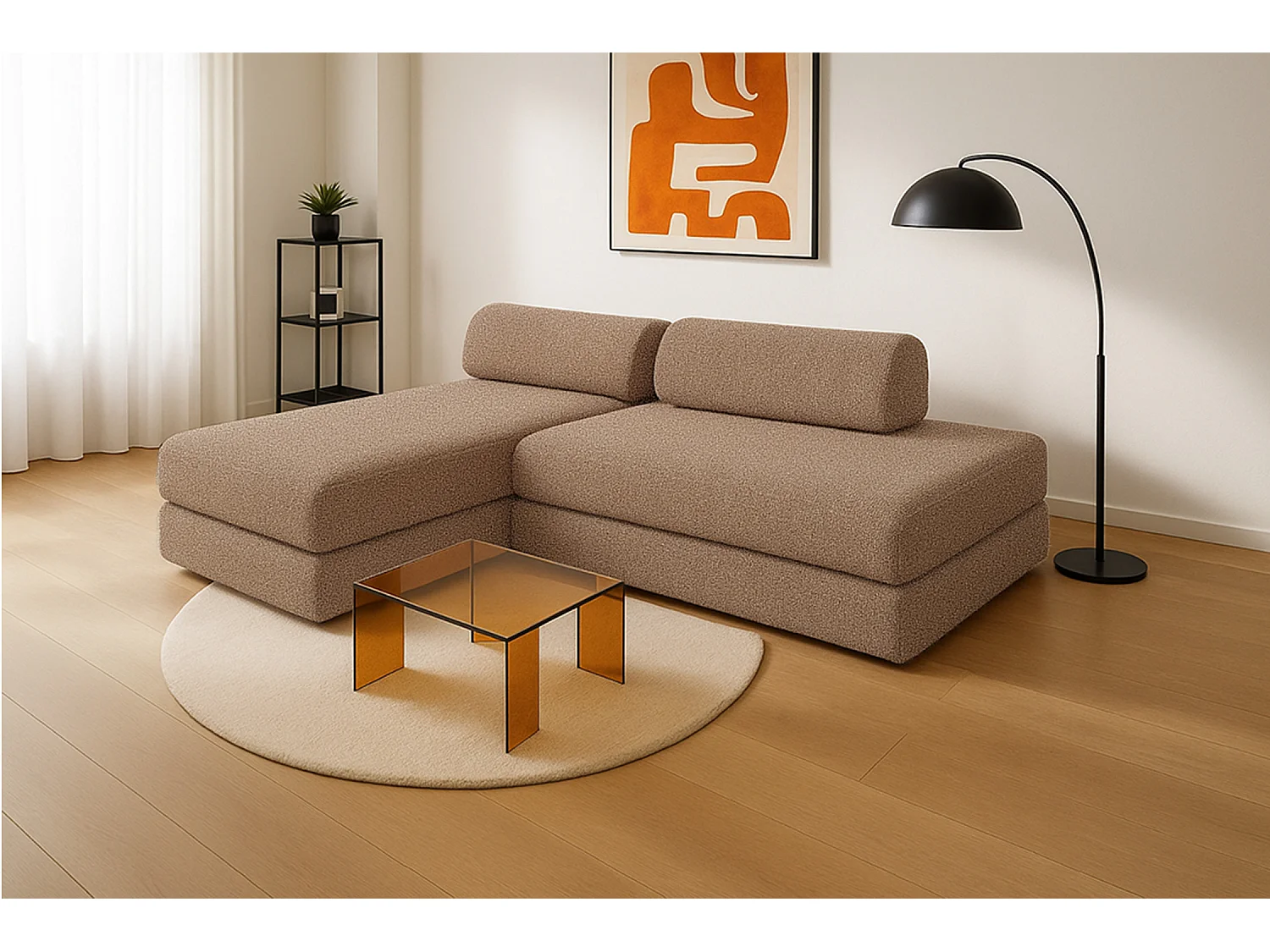 Canapé d'angle modulable et convertible 5 places - Tissu tweed - Marron