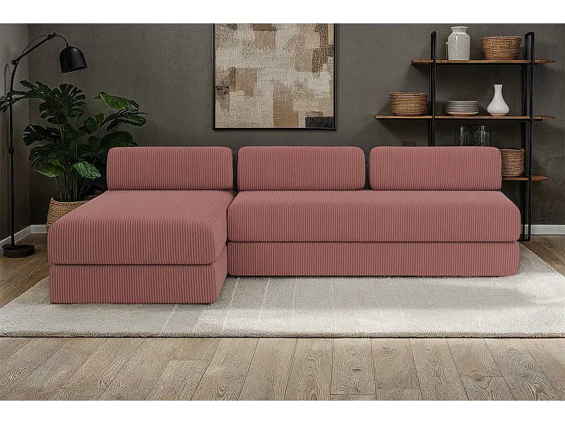 Canapé d'angle modulable et convertible 6 places - Velours côtelé - Rose