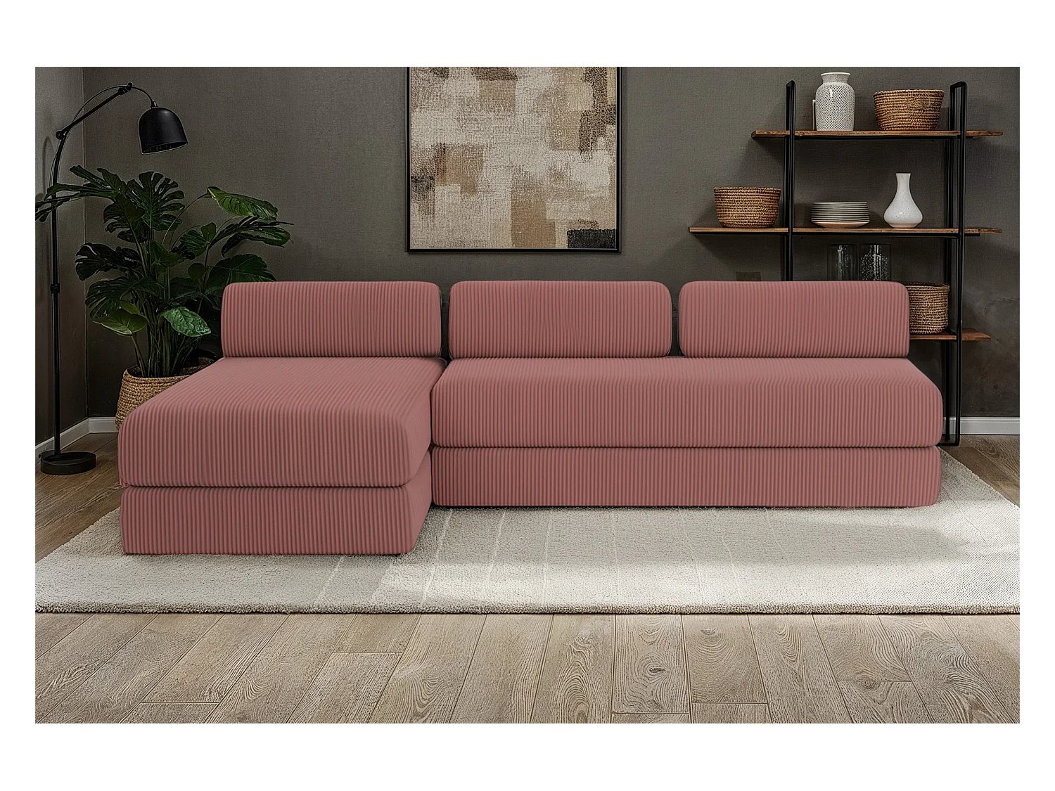 Canapé d'angle modulable et convertible 6 places - Velours côtelé - Rose