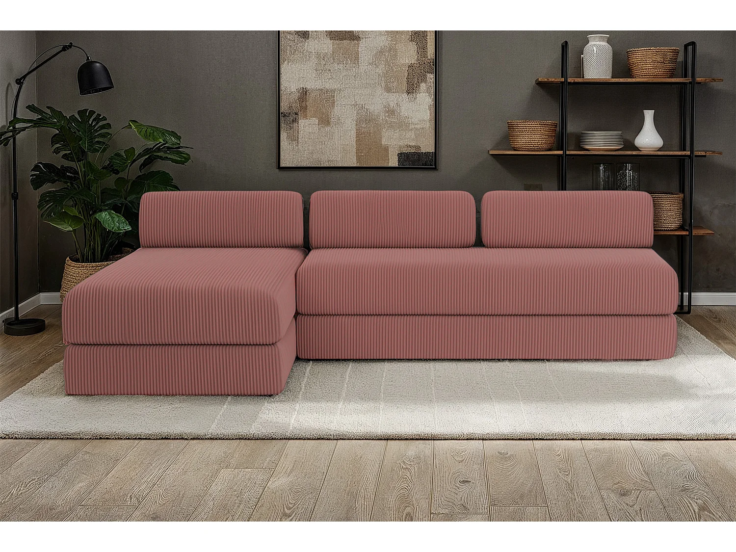 Canapé d'angle modulable et convertible 6 places - Velours côtelé - Rose