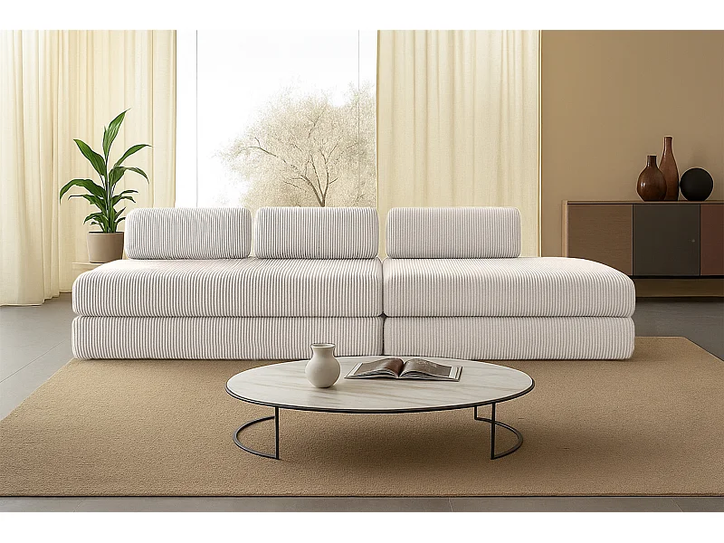 Canapé droit modulable et convertible 5 places - Velours côtelé - Blanc