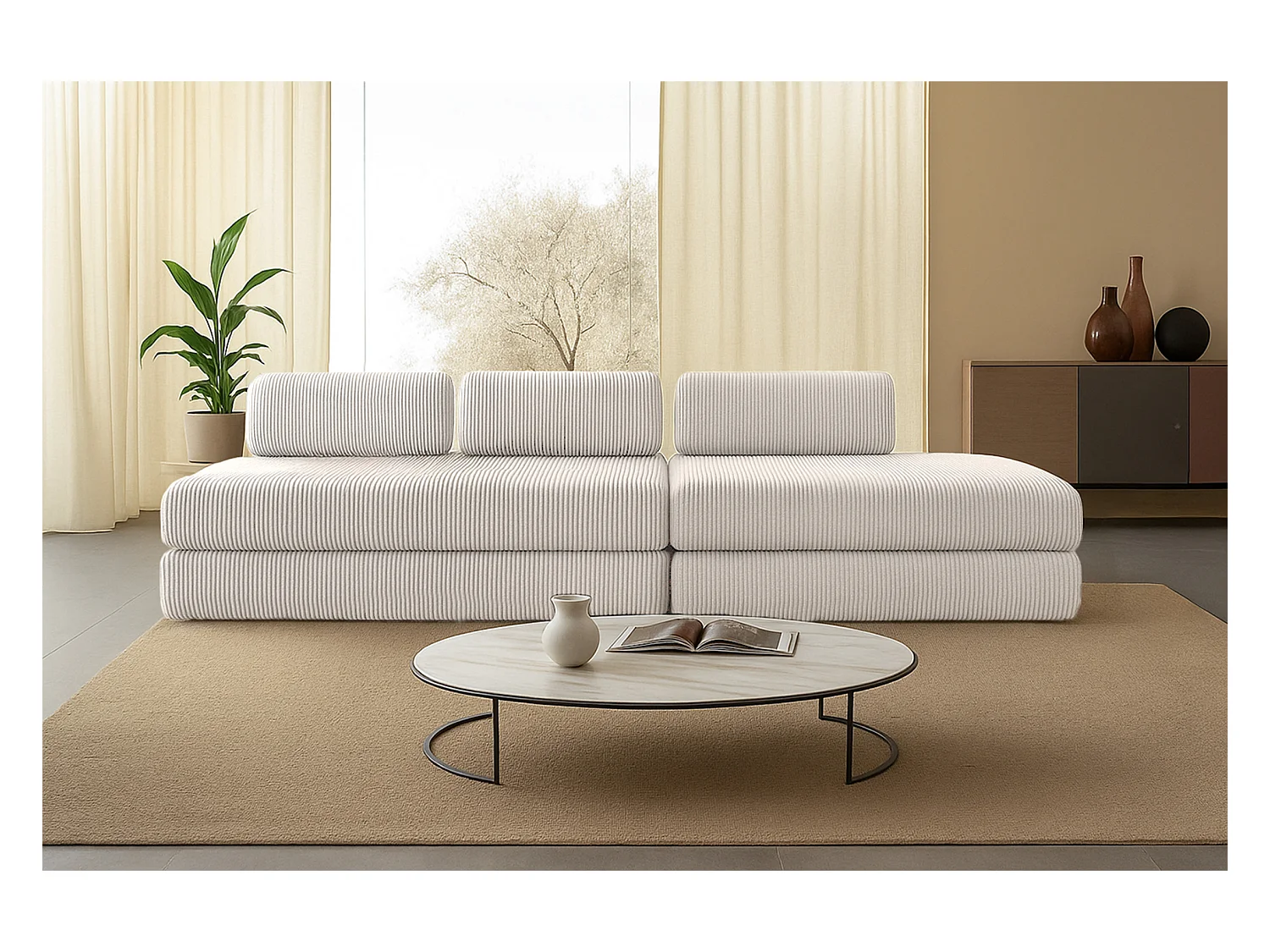 Canapé droit modulable et convertible 5 places - Velours côtelé - Blanc