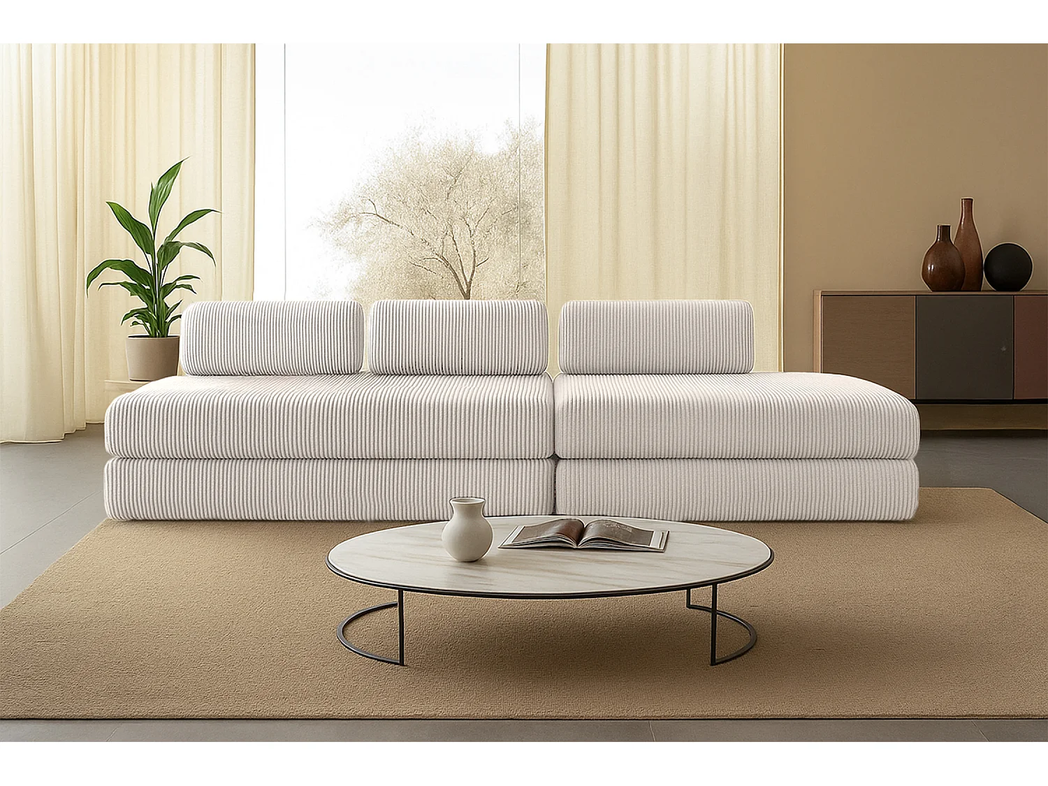 Canapé droit modulable et convertible 5 places - Velours côtelé - Blanc