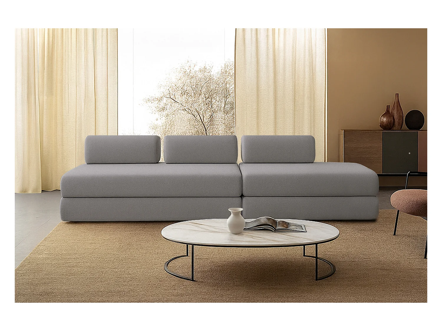 Canapé droit modulable et convertible 5 places - Tissu lisse - Gris