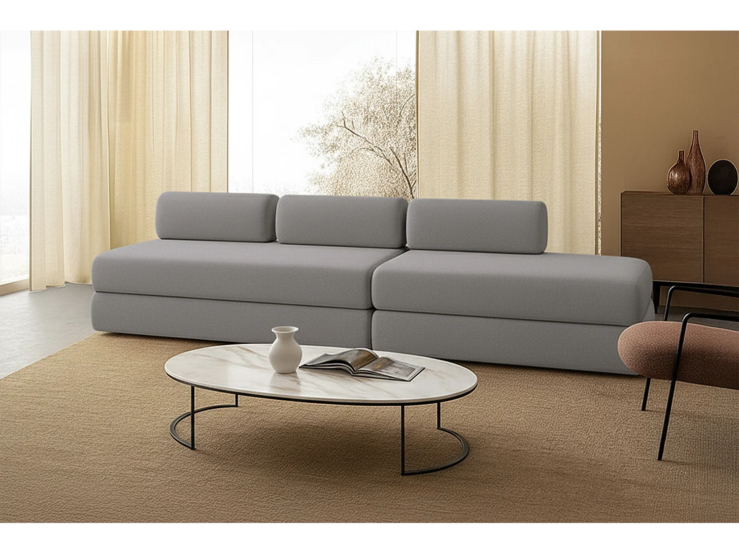 Canapé droit modulable et convertible 5 places - Tissu lisse - Gris