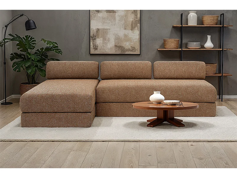 Canapé d'angle modulable et convertible 6 places - Tissu tweed - Marron