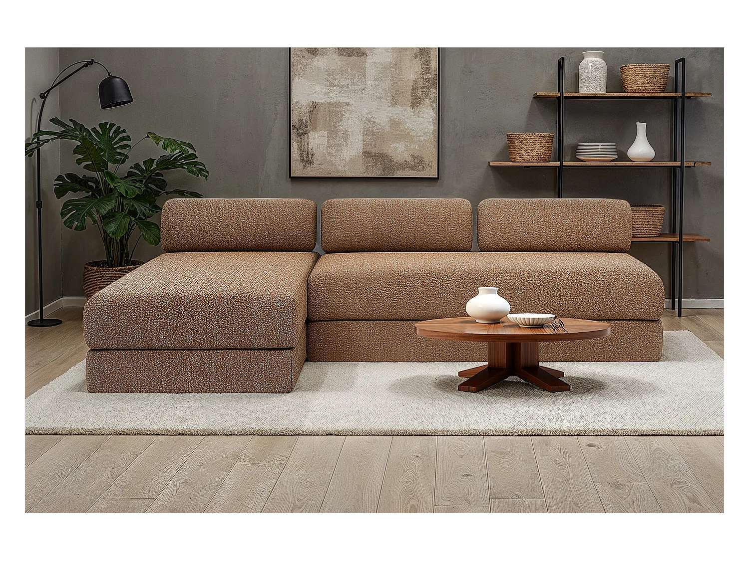 Canapé d'angle modulable et convertible 6 places - Tissu tweed - Marron