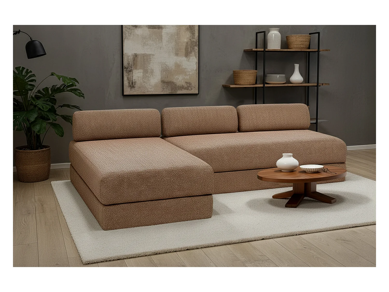 Canapé d'angle modulable et convertible 6 places - Tissu tweed - Marron