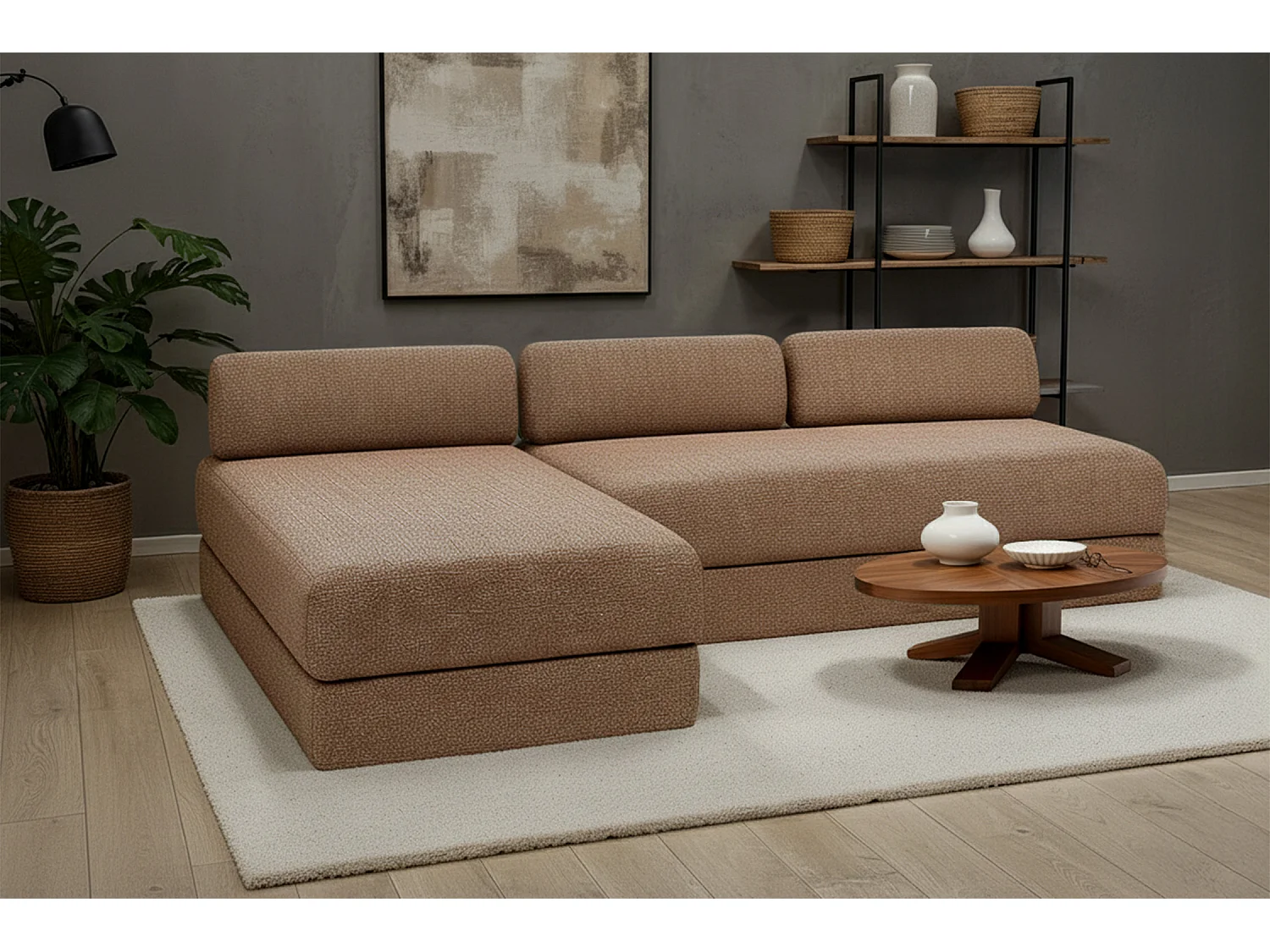 Canapé d'angle modulable et convertible 6 places - Tissu tweed - Marron