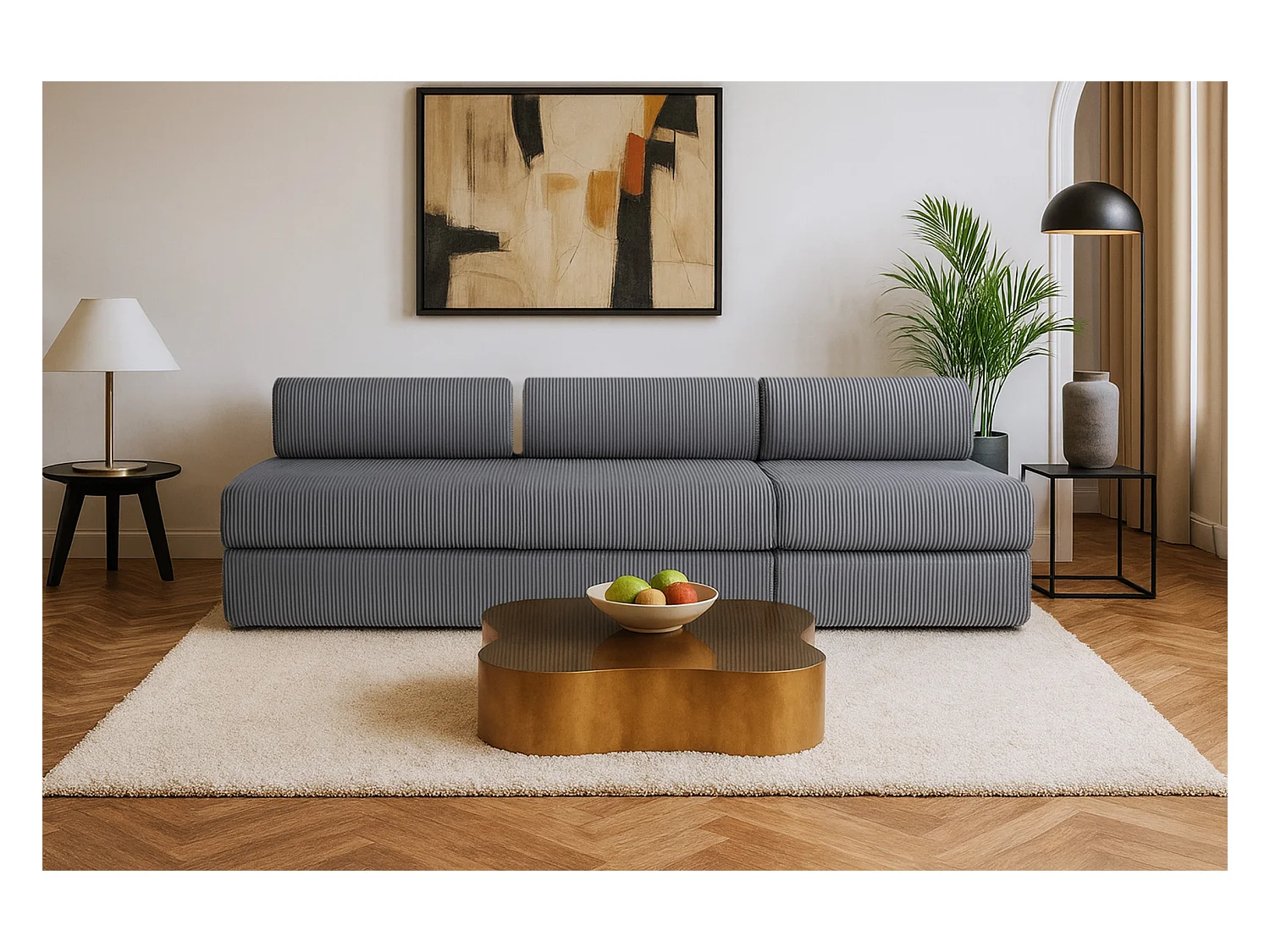 Canapé droit modulable et convertible 4 places - Velours côtelé - Gris