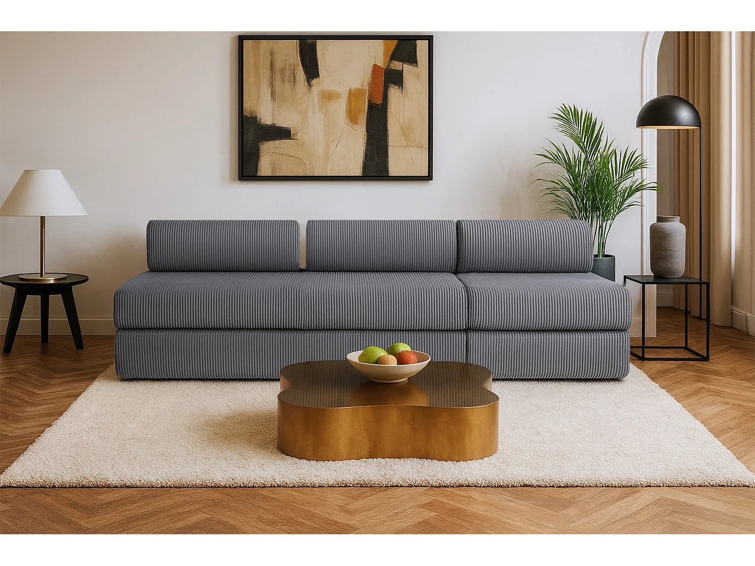 Canapé droit modulable et convertible 4 places - Velours côtelé - Gris