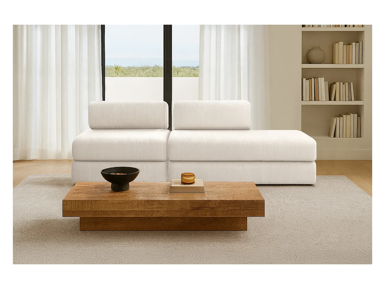 Canapé droit modulable et convertible 3 places - Velours côtelé - Blanc