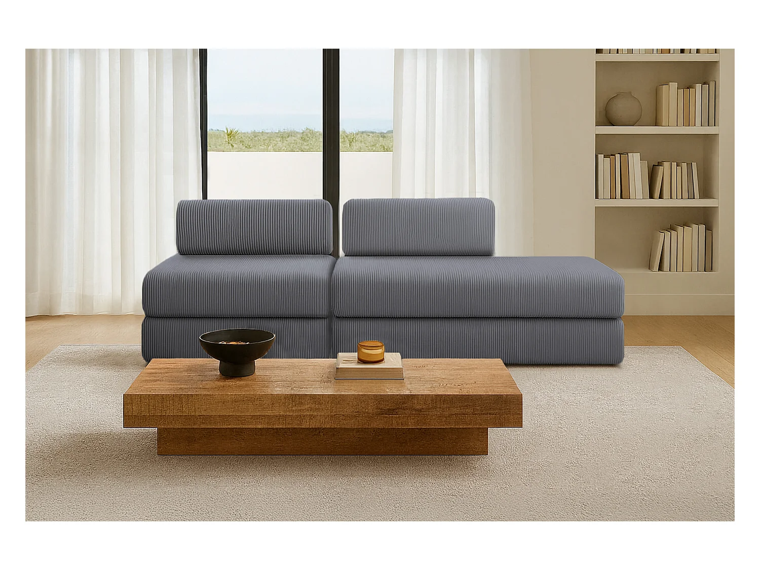 Canapé droit modulable et convertible 3 places - Velours côtelé - Gris