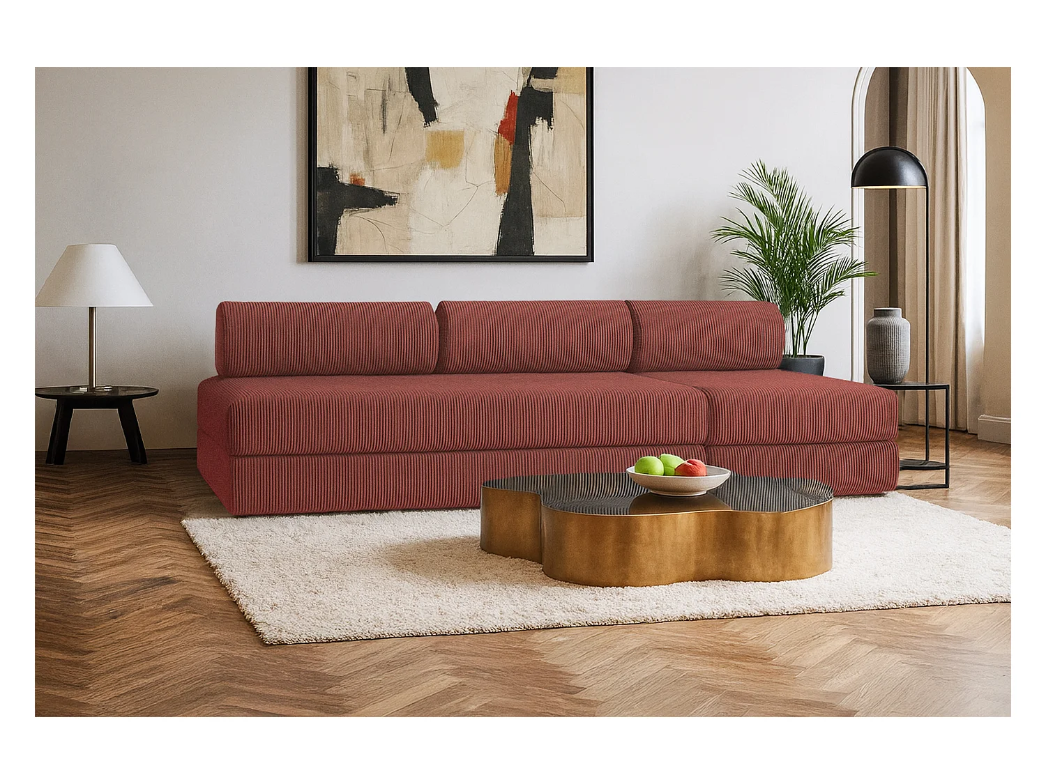 Canapé droit modulable et convertible 4 places - Velours côtelé - Rouge