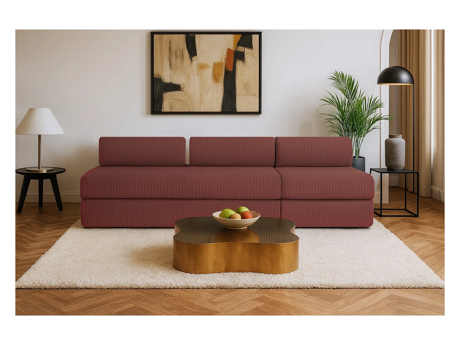 Canapé droit modulable et convertible 4 places - Velours côtelé - Rouge