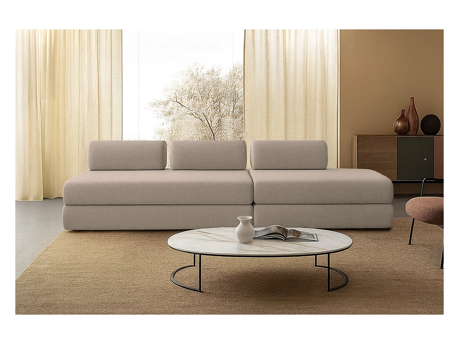 Canapé droit modulable et convertible 5 places - Tissu lisse - Taupe