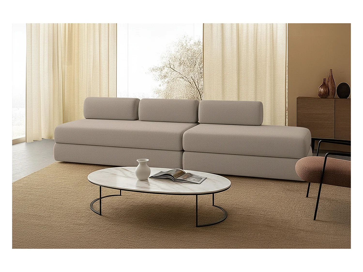 Canapé droit modulable et convertible 5 places - Tissu lisse - Taupe