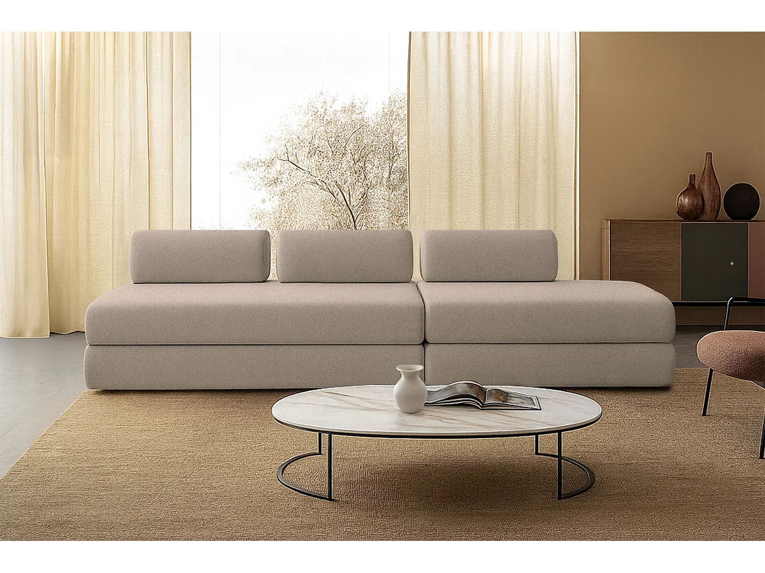 Canapé droit modulable et convertible 5 places - Tissu lisse - Taupe