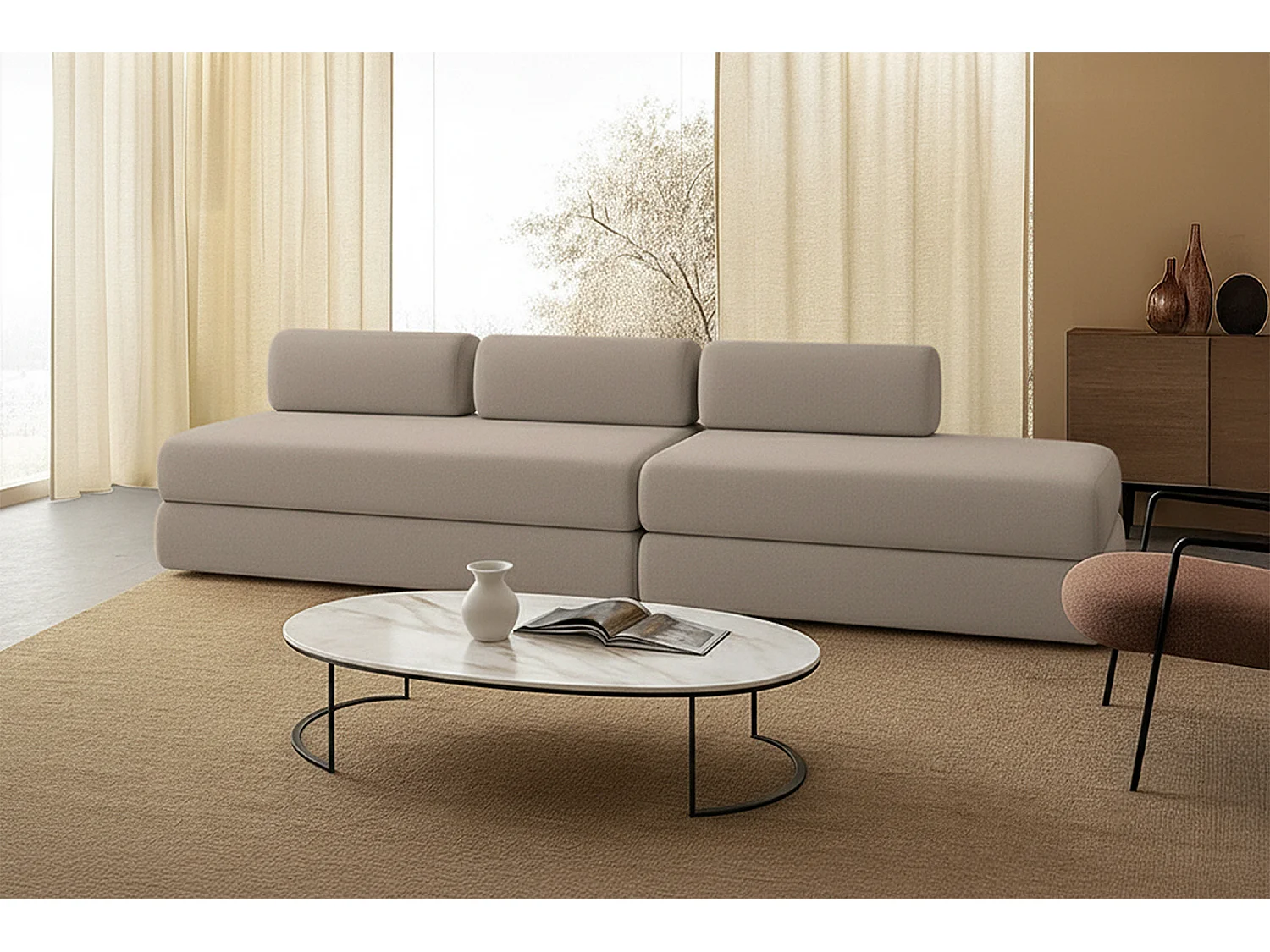 Canapé droit modulable et convertible 5 places - Tissu lisse - Taupe