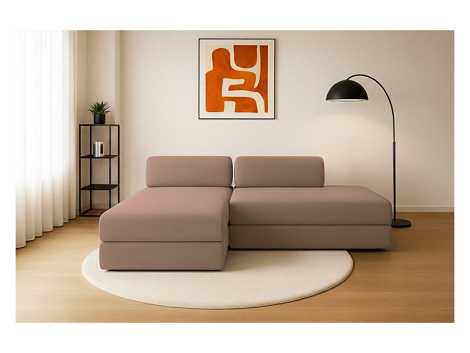 Canapé d'angle modulable et convertible 5 places - Tissu lisse - Marron