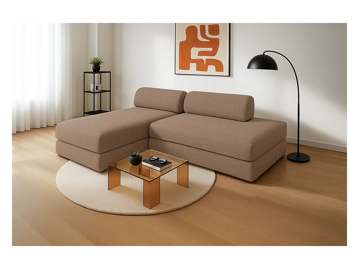 Canapé d'angle modulable et convertible 5 places - Tissu lisse - Marron