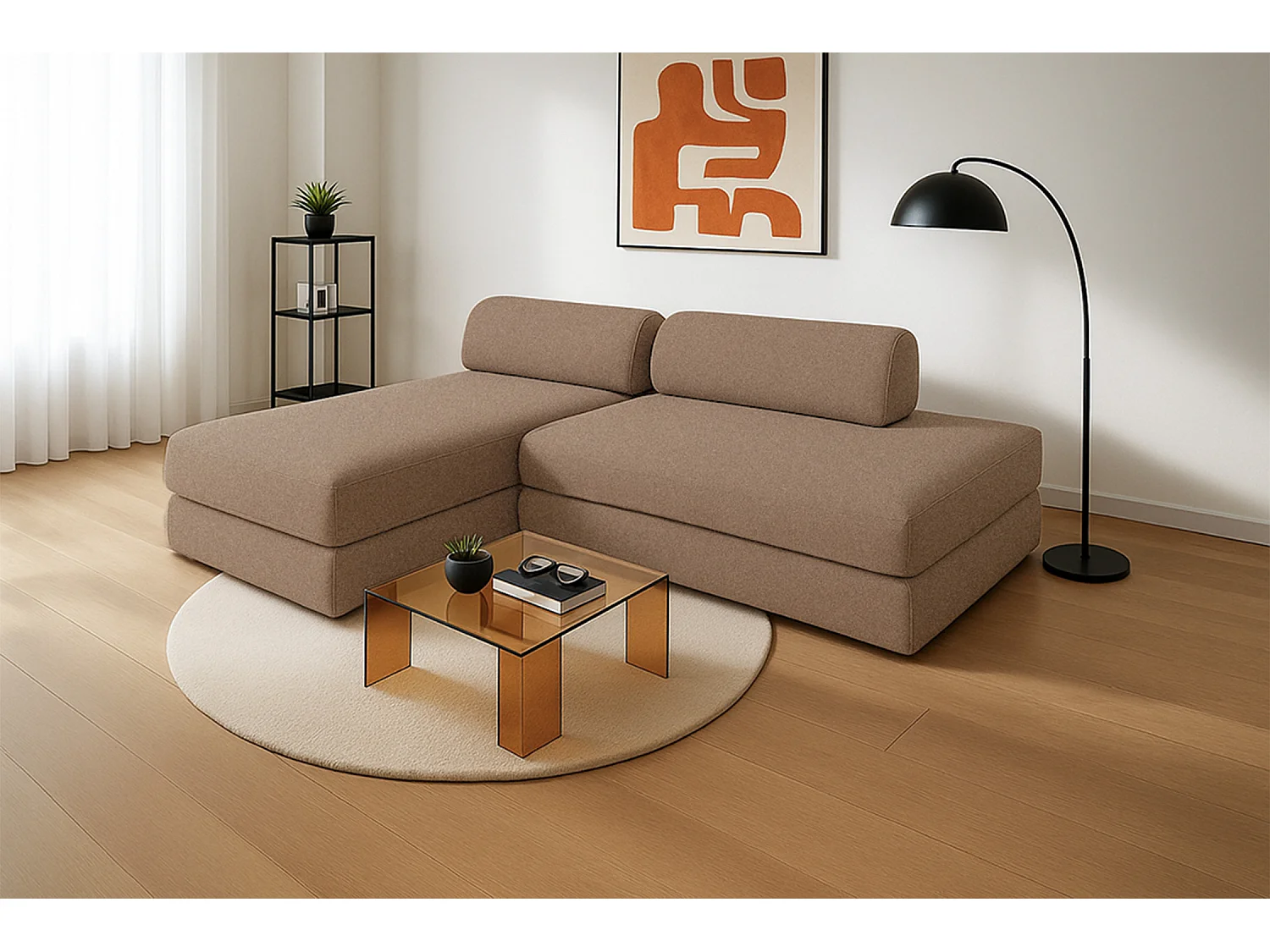 Canapé d'angle modulable et convertible 5 places - Tissu lisse - Marron