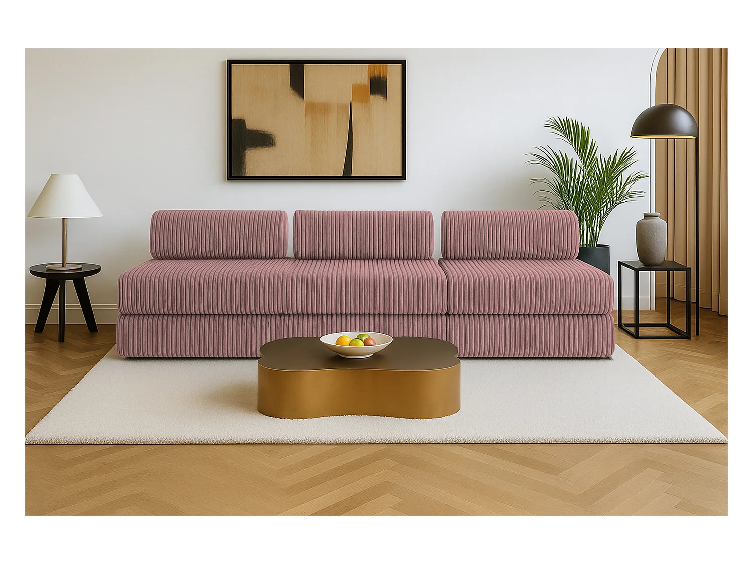 Canapé droit modulable et convertible 4 places - Velours côtelé XL - Rose