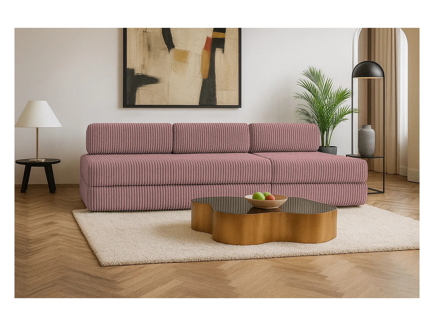 Canapé droit modulable et convertible 4 places - Velours côtelé XL - Rose