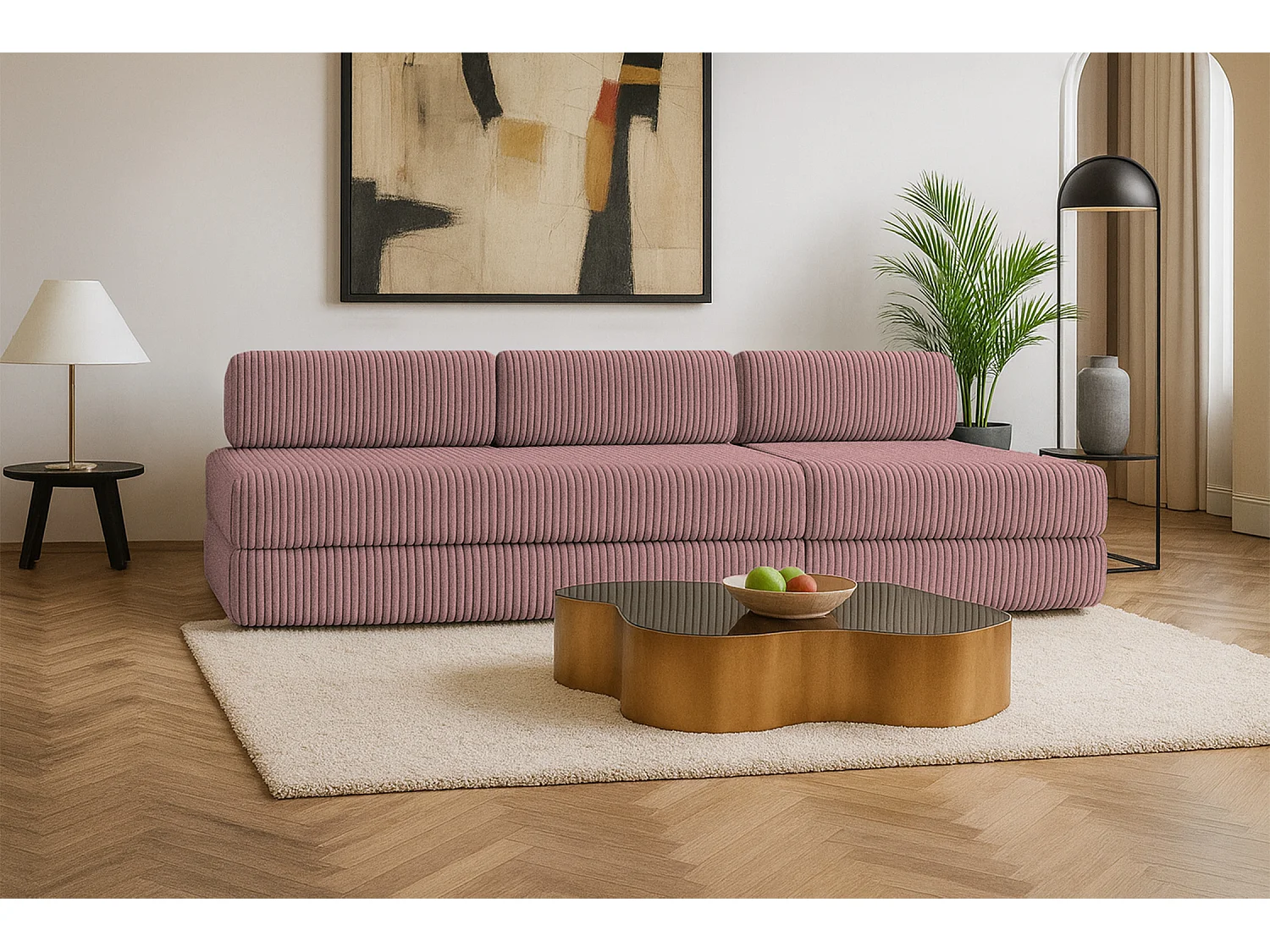 Canapé droit modulable et convertible 4 places - Velours côtelé XL - Rose