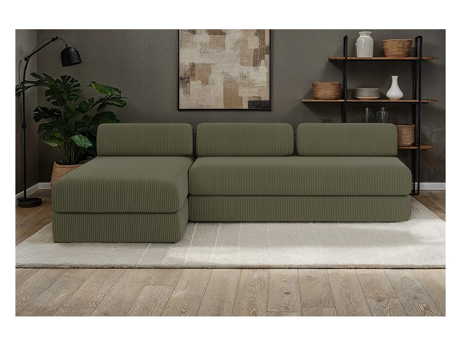 Canapé d'angle modulable et convertible 6 places - Velours côtelé - Vert