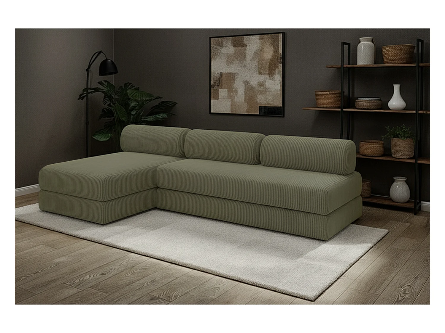 Canapé d'angle modulable et convertible 6 places - Velours côtelé - Vert