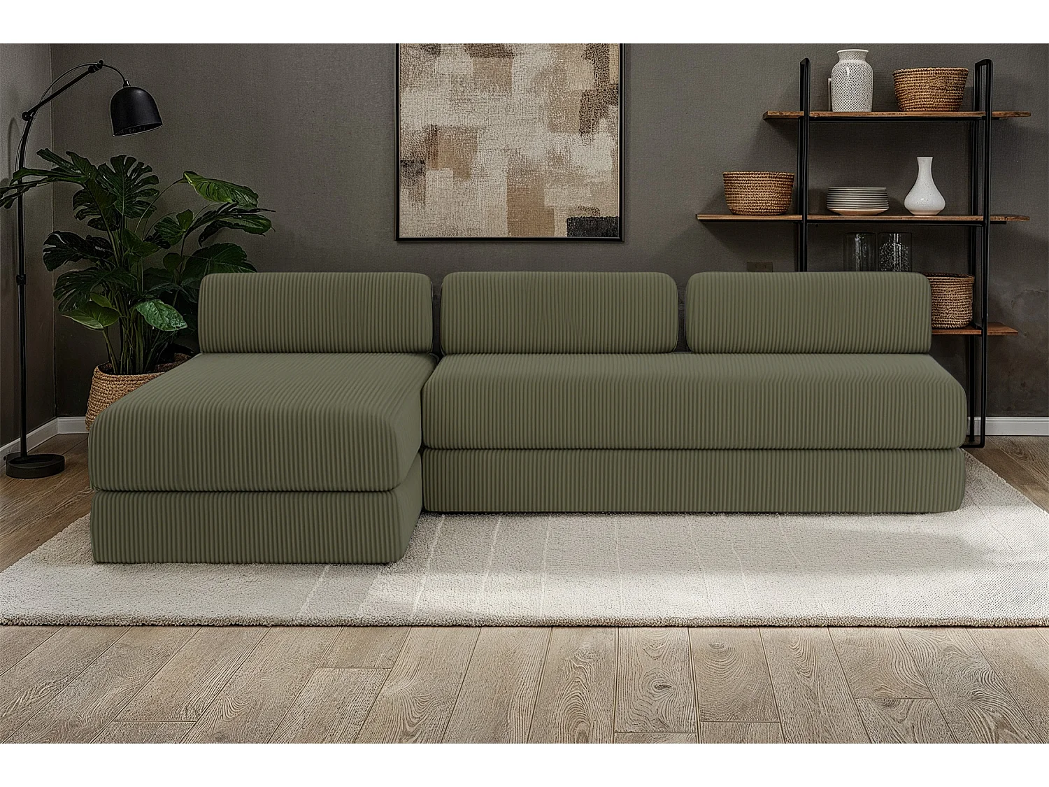 Canapé d'angle modulable et convertible 6 places - Velours côtelé - Vert