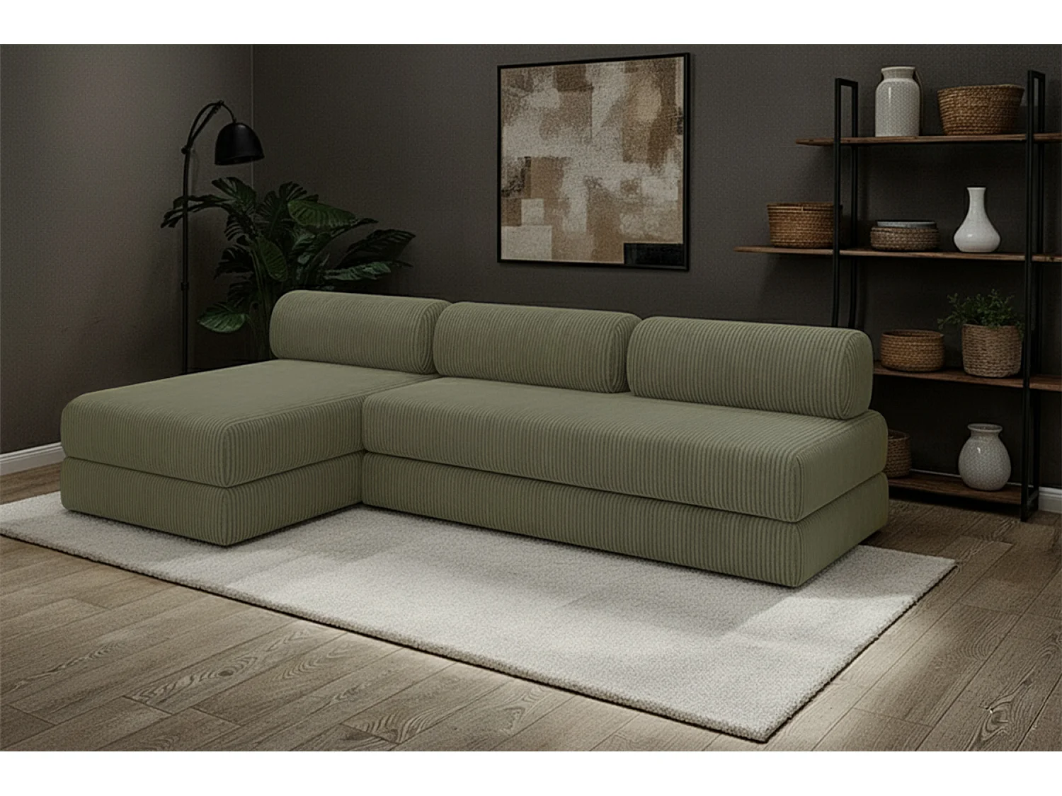 Canapé d'angle modulable et convertible 6 places - Velours côtelé - Vert