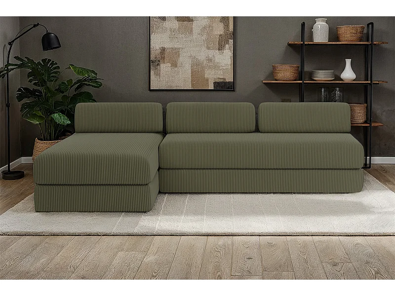 Canapé d'angle modulable et convertible 6 places - Velours côtelé - Vert